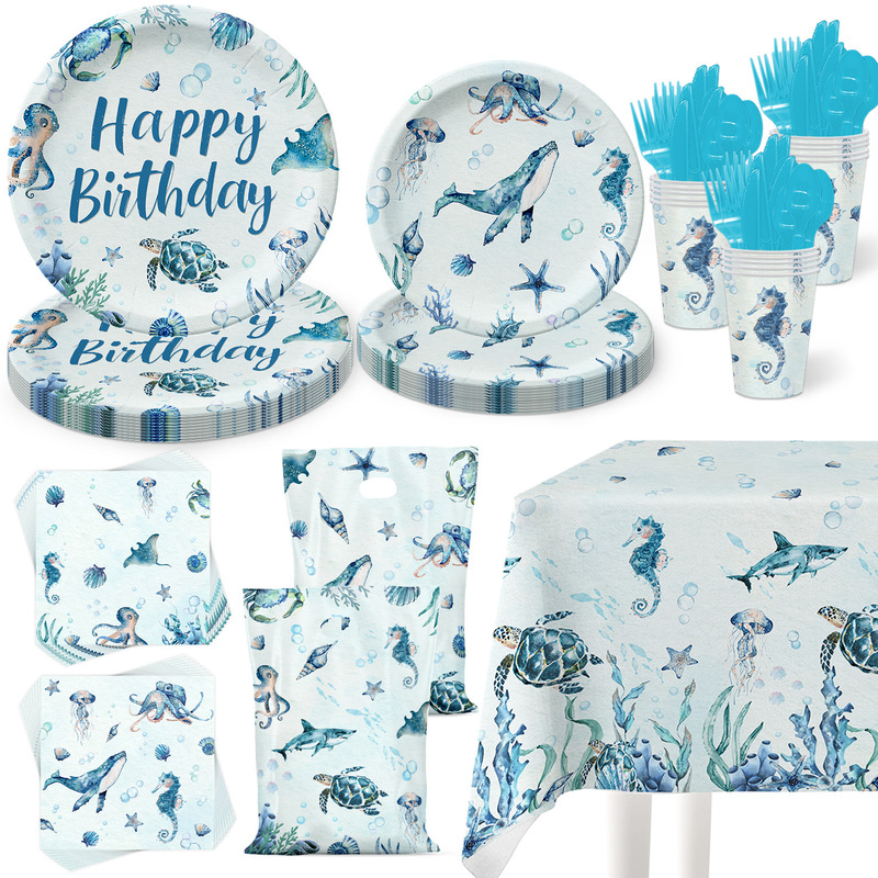 Retro Marine Animal Themed Tableware Birthday Party Party Paper Plates Paper Cups Paper Towels Tablecloth Layout Dinner Plate Set