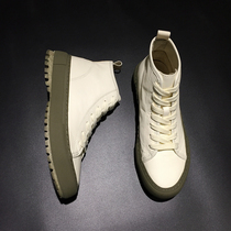 White high-top shoes mens board shoes 2021 spring new mens shoes Korean version of all-match casual white shoes leather Gaobang shoes