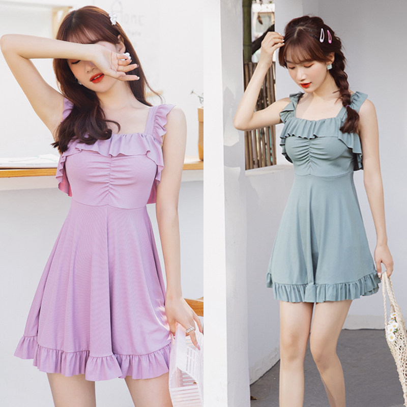 2020 new swimsuit women's one-piece collar jumpsuit thin cute plus size student conservative skirt swimsuit