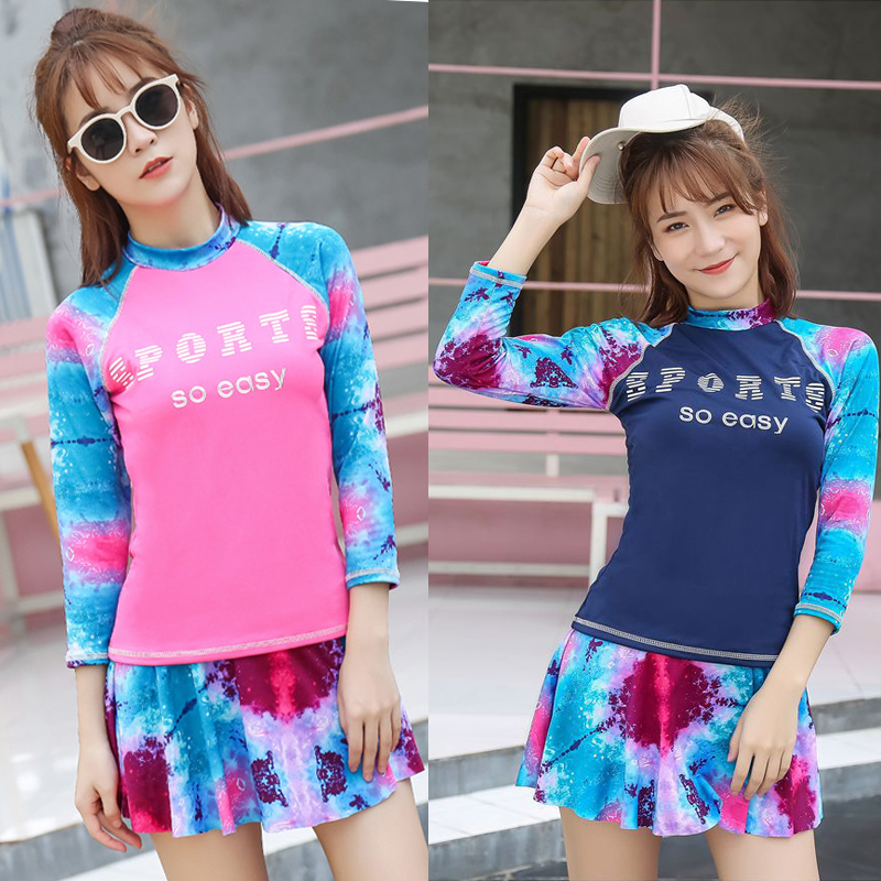 Women's swimsuit Long-sleeved sports conservative boxer skirt sunscreen quick-drying two-piece conservative large size swimsuit hot spring