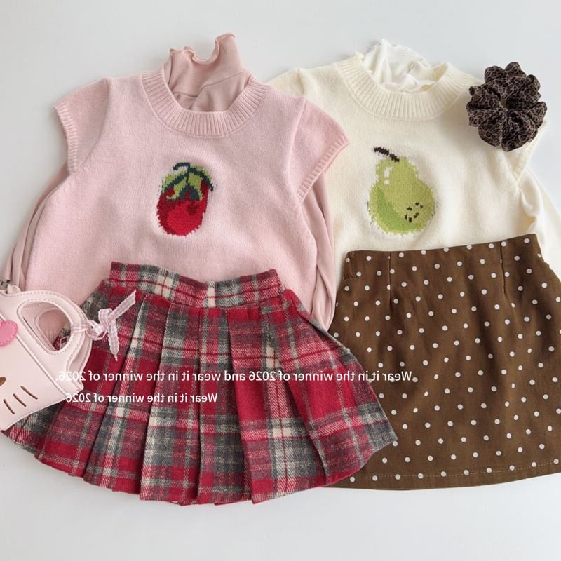 Girls' Pink Strawberry Knitted Vest 2026 Autumn and Winter New Style Kidsren's Round Neck Pear Jacquard Sweater Vest Tq
