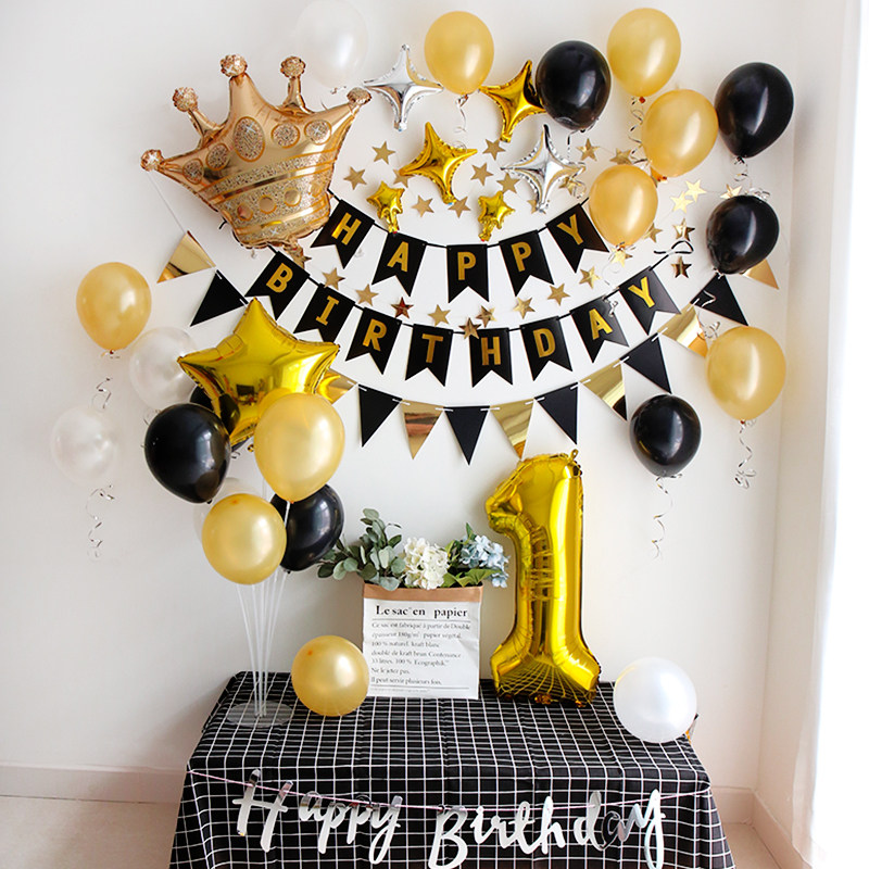 Male baby black gold one year old birthday room background wall layout package ins balloon decoration supplies
