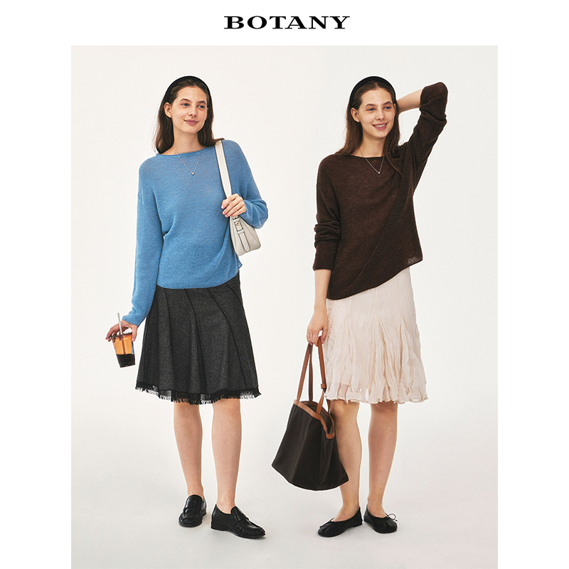 Botany30 Lazy and Romantic Alpaca Wool One-Line Collar Rolled Edge Knit Sweater Blouse Botany30 Lazy and Romantic Alpaca Wool One-Line Collar Rolled Edge Knit Sweater Blouse