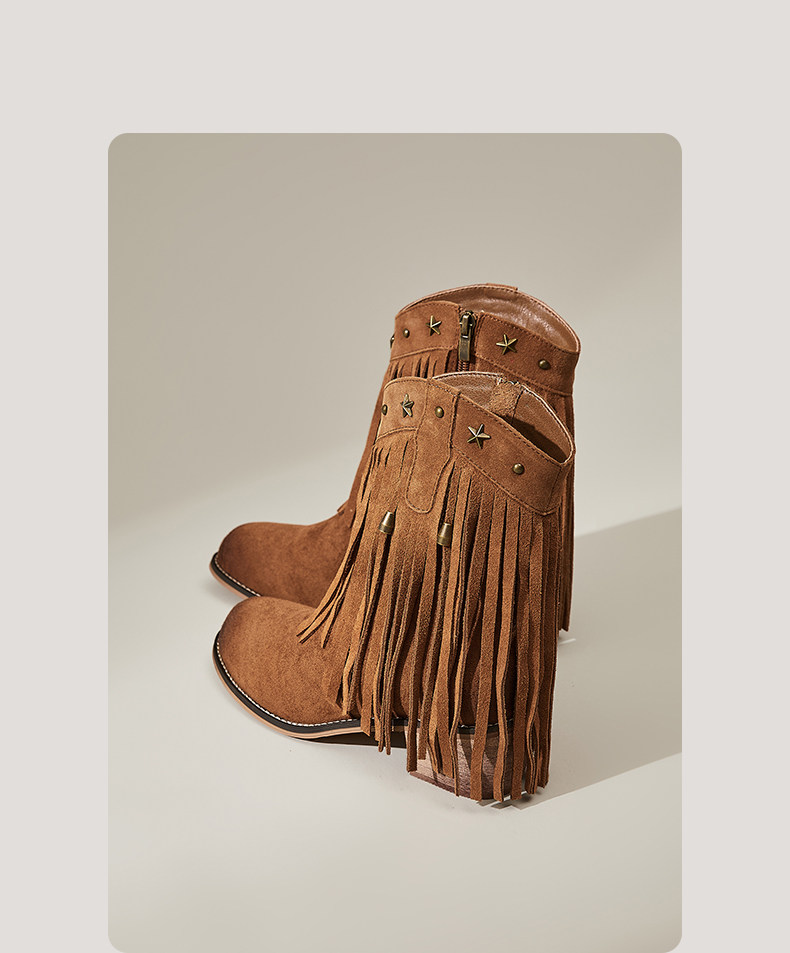 Западные Boots 星期六复古粗跟马丁靴女短靴2025新款磨砂流苏铆钉加绒西部牛仔靴 St&Sat