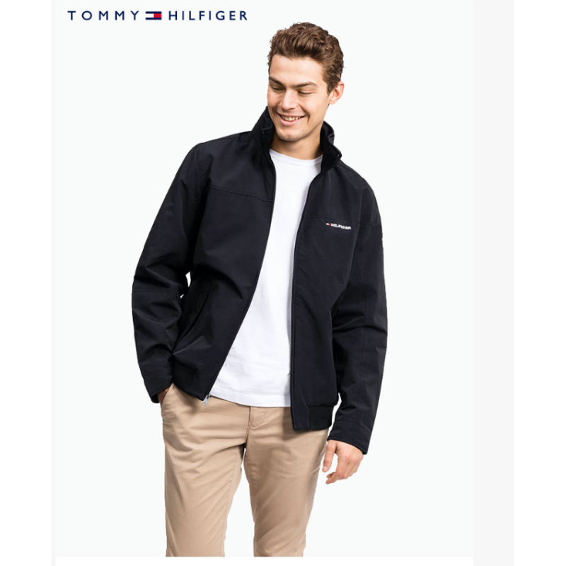 Authentic Tommy Men's Spring and Autumn Simple Casual Windproof and Waterproof Stand-Up Collar Hidden Hooded Jacket