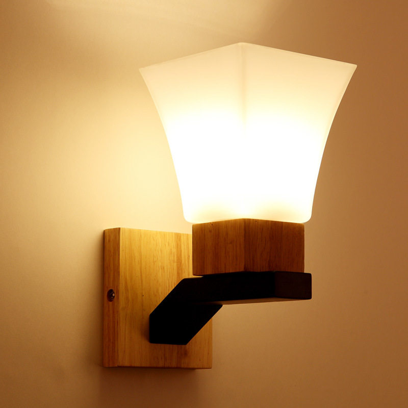 Nordic Solid Wood Wall Lamp Upwards Aisle Stairs Bedroom Headboard Lamp E27 Exchangeable Bulb Warm Light LED 110V
