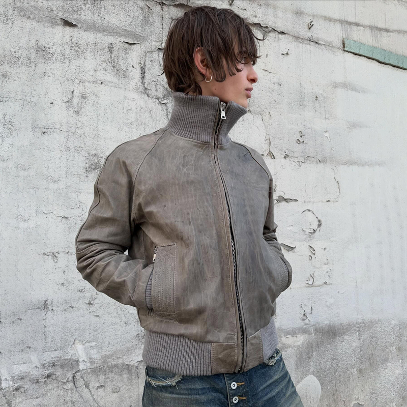 No Faith Studios 26Fw Brown Jacket High Collar Distressed Leather Jacket Boxy Padded Jacket Autumn and Winter