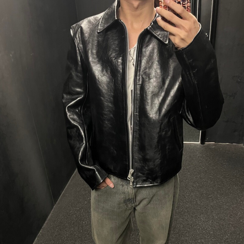 Our Legac Style Boxy Double-Zip Washed Distressed Leather Jacket Short Wide Fit Long Sleeve Biker Jacket Our Legac Style Boxy Double-Zip Washed Distressed Leather Jacket Short Wide Fit Long Sleeve Biker Jacket