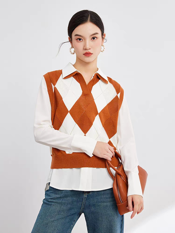 Mofan Retro Plaid Sweater Vest for Women, Spring and Autumn Style, Elegant Navy Blue Design Knit Vest