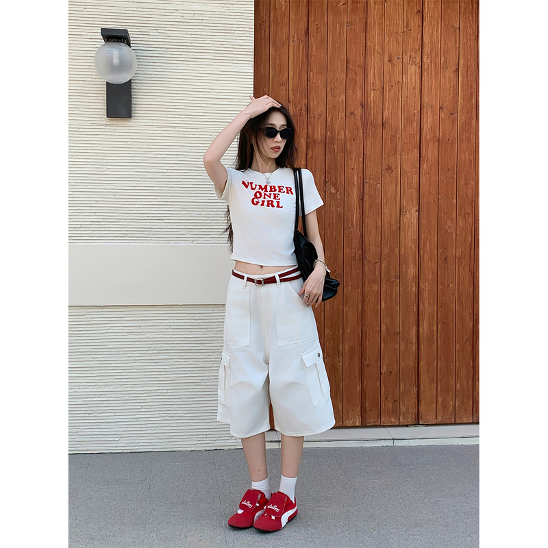 Nuomici American-Style Three-Quarter White Wide-Leg Workwear Jeans for Women, Trendy Design, Loose Straight-Leg Mid-Length Pants