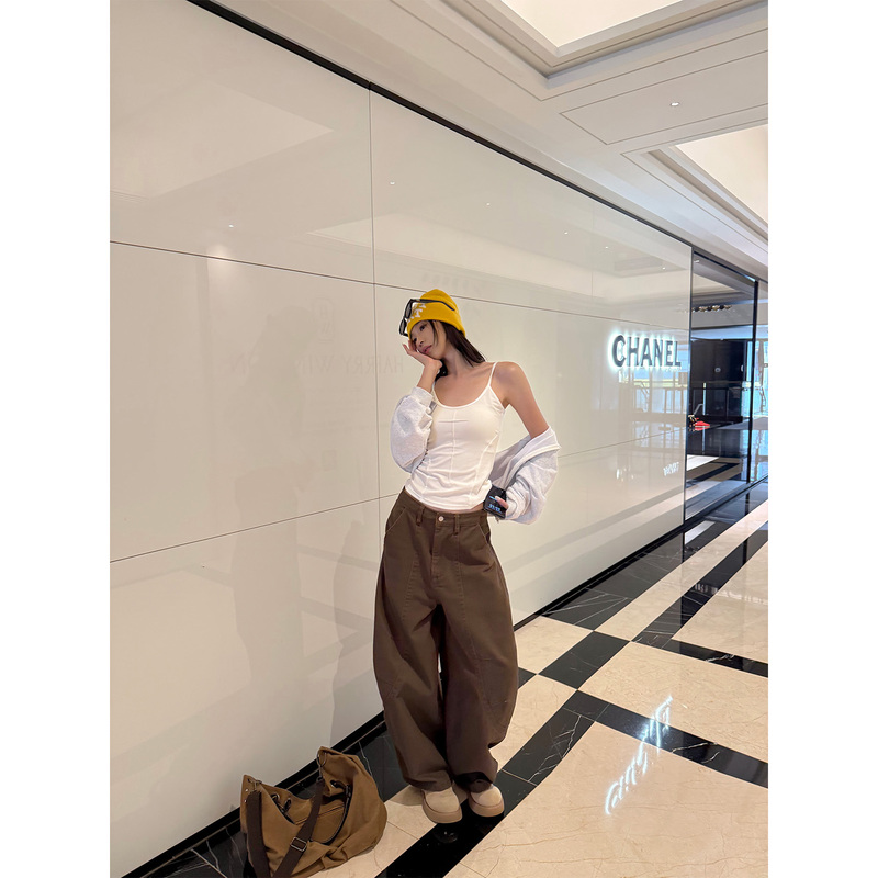 Nuomici American-Style Coffee Brown Loose Scimitar-Cut Jeans for Women, New Summer Low-Waist Slimming Drapey Wide-Leg Pants