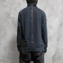 UNNAMING XIA2022 Planting Distant Peak Blue Long Sleeve Knitted Collar headsets Goat Leather Splicing Long Sleeve Loose T