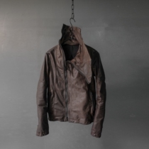 XIACHI vintage made old Japanese leather leather jacket SHORT cowhide SLIM mens jacket HIGH collar leather jacket brown