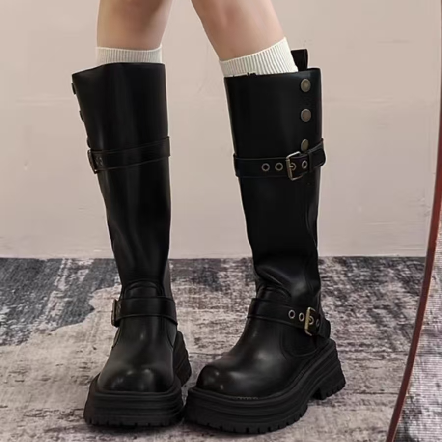 Женские высокие сапоги на толстой подошве в британском стиле в стиле ретро; коллекция 2025 года; сезон осень-зима; новый стиль; тонкая модная универсальная верхняя одежда; складные рыцарские сапоги