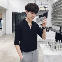 Summer Han Edition Loose Superior feel shirt high-end casual T-shirt jacket handsome V collar short sleeve shirt wave male compassion