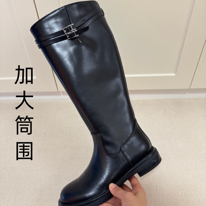 Double Star Buckle Plus Size Wide Calf Long Boots for Women, Genuine Leather, Plus Size, Thick Legs, Riding Boots, Flat Sole, Large Size, High-Top Flat Shoes