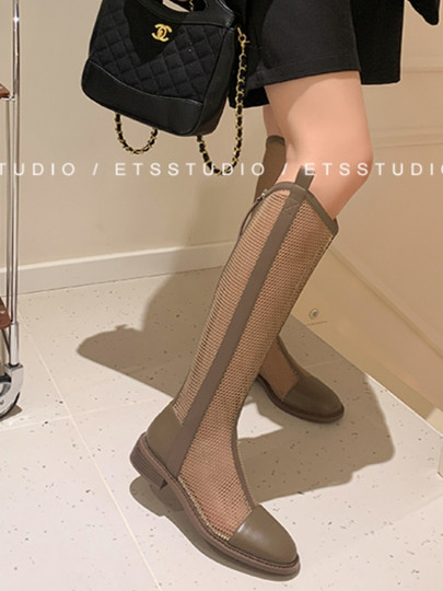 Высокие сапоги из натуральной кожи для женщин весной и летом, женские сапоги больших размеров, ботинки с полой сеткой, тонкие высокие сандалии с большой трубкой