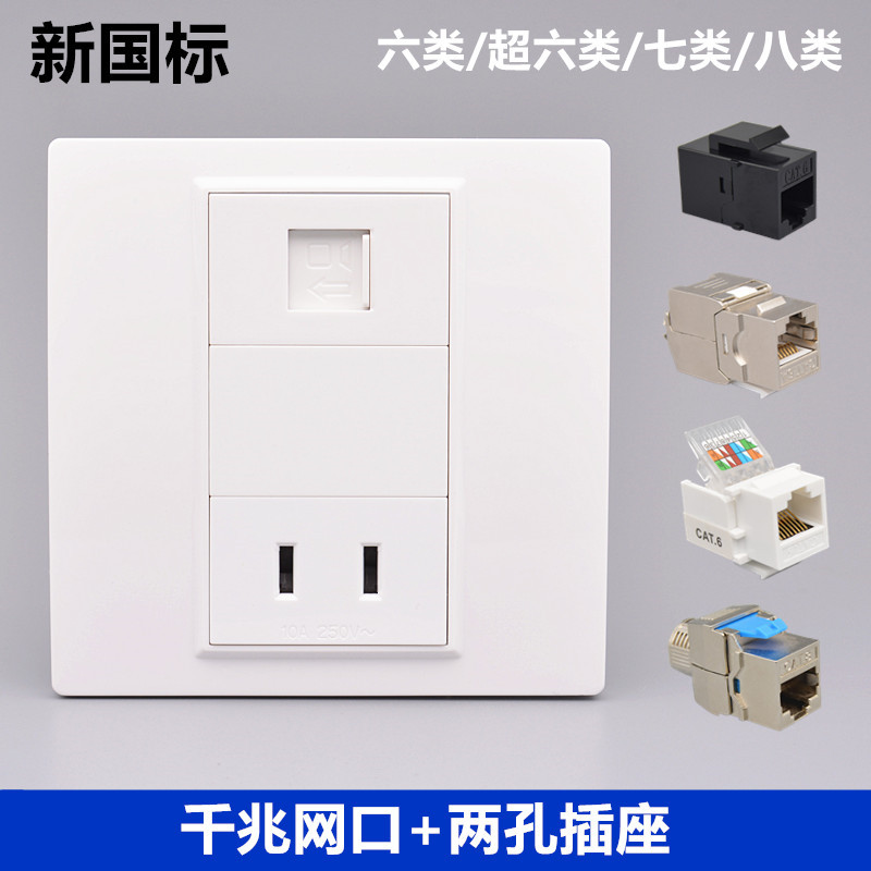 Two-Hole Panel with Six, Seven, and Eight Category Network Ports, Cat6A Super Category Six Network Module, Two-Plug Power Socket