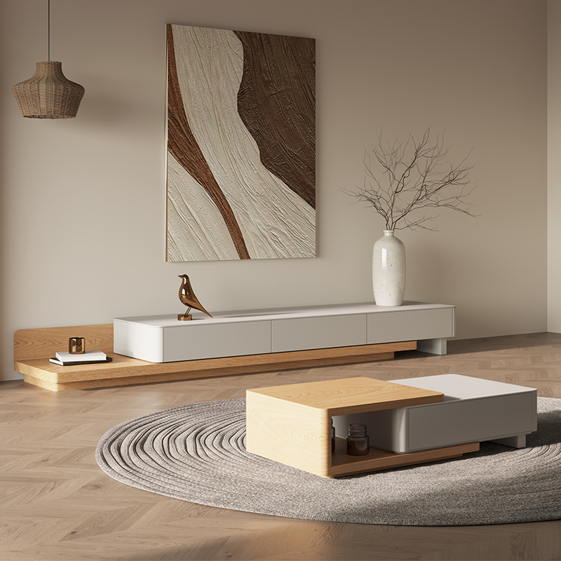 Telescopic TV cabinet Japanese-style log color modern minimalist small apartment Italian-style Nordic home living room wabi-sabi wind floor cabinet