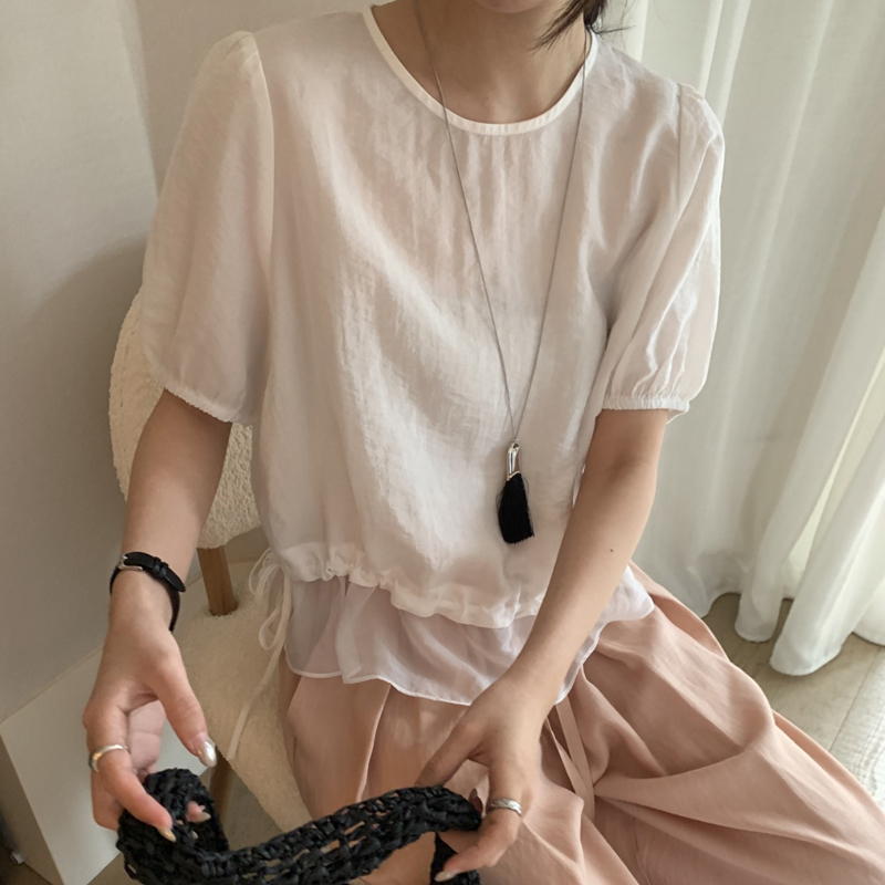 Gentle Wind Tencel Drawstring Puff Sleeve Blouse for Women 2026 Summer New Style Loose Round Neck Design Short-Sleeved Top