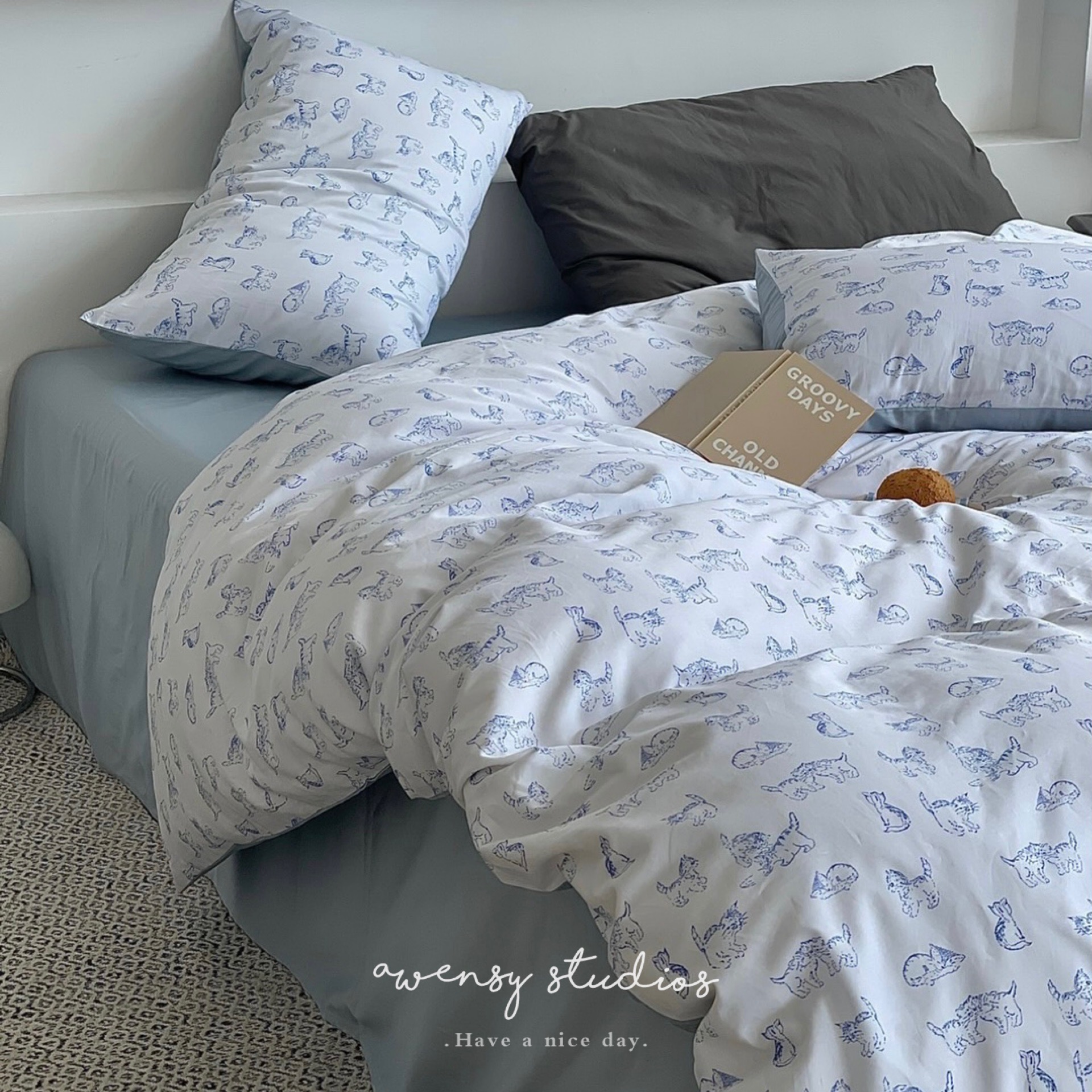 Awensy shop owner keeps Korean-style ins illustration kitten 60 long-staple cotton four-piece set of pure cotton spring and summer bedding