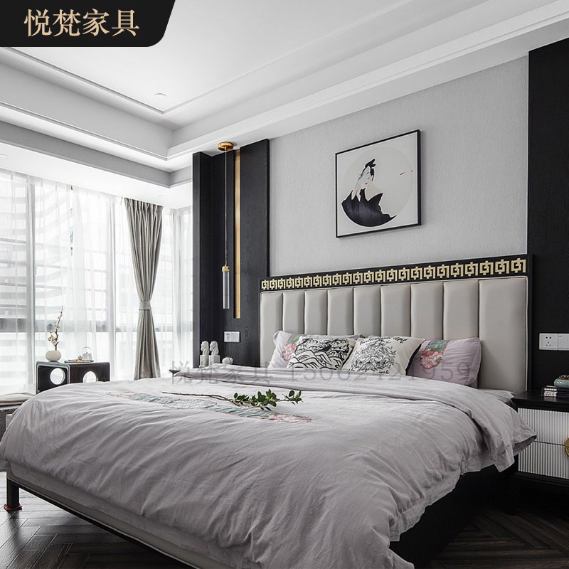 New Chinese solid wood double bed modern Chinese style minimalist luxury meditation Chinese wind bedroom hotel full house furniture