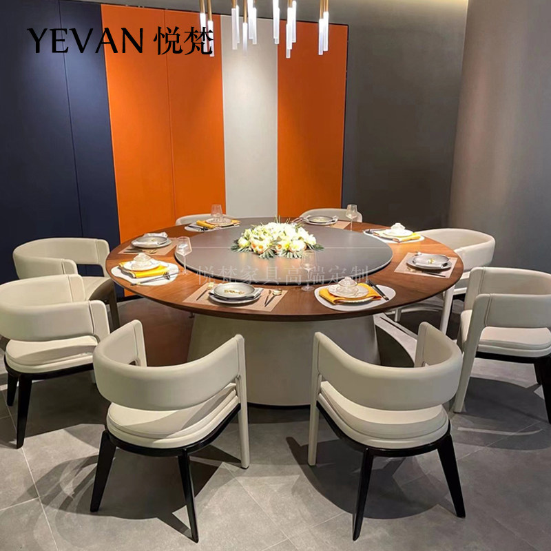 New Chinese Hotel Electric Big Round Table Light Lavish Rockboard Dining Table And Chairs Combined Table Hotel Clubhouse High-end Custom-made-Taobao