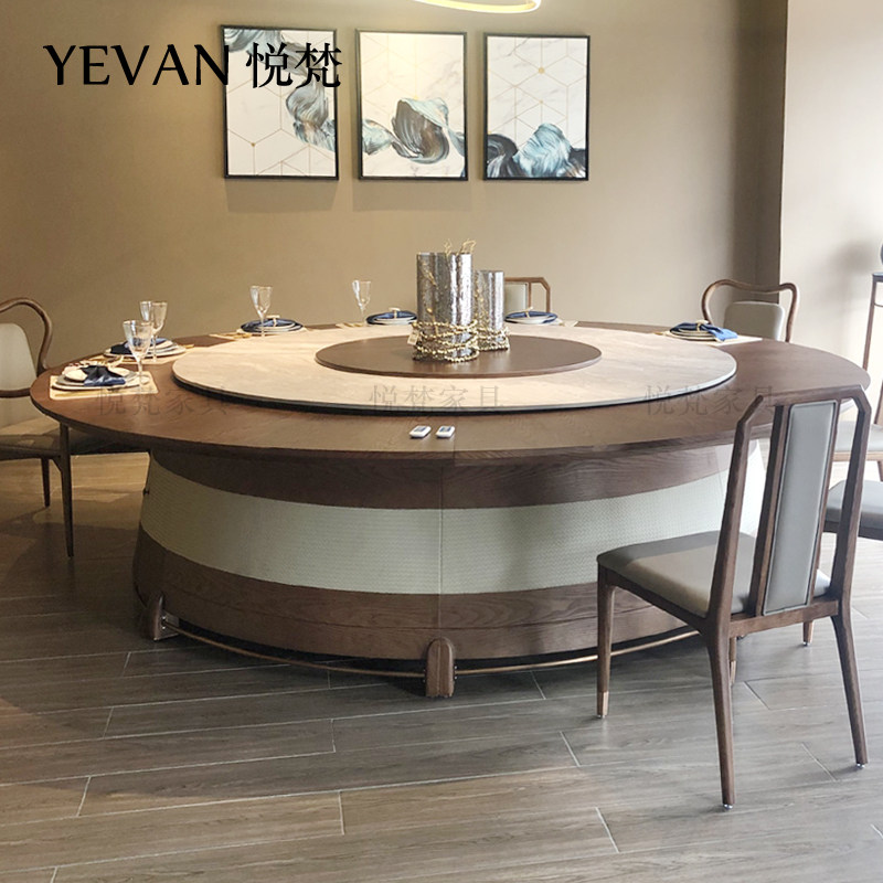 New Chinese marble tableElectric hotel solid wood Roundtable 12 people and 15 people dining room room room for 20 people
