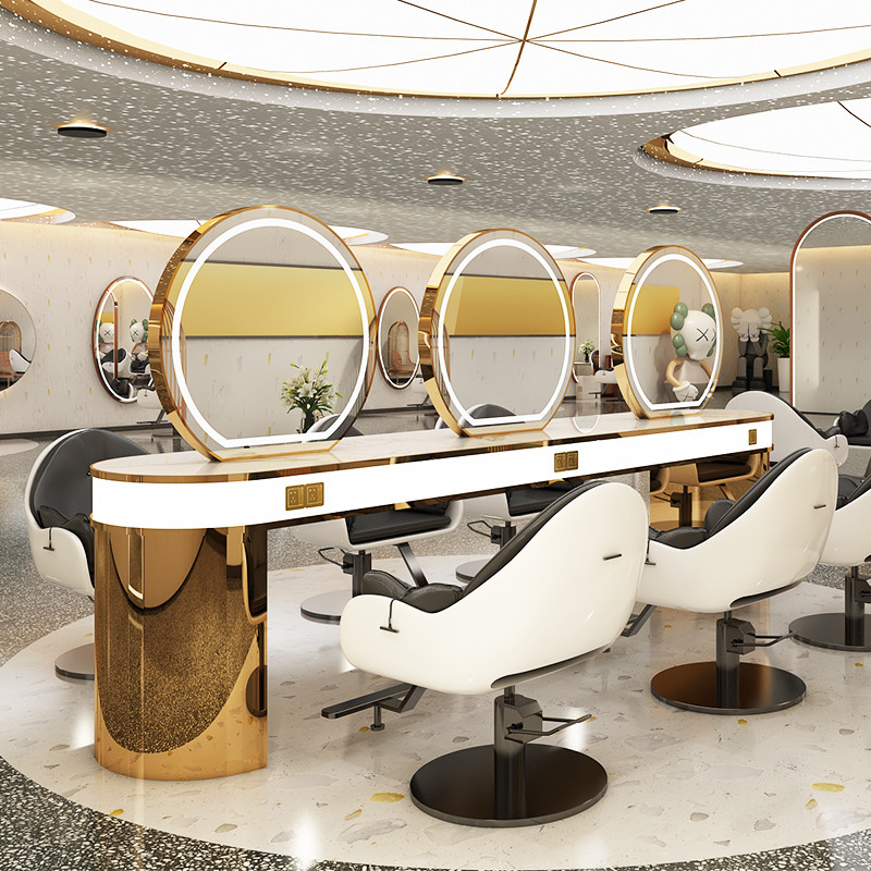 Hairdressshop Mirror Desk Stainless Steel Marble Mesh Red Meme Hair Shop Cut Hair Bifacial Mirror Hair Salon Special Integrated Bronzing