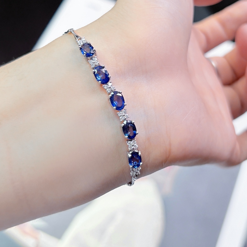 [Geological University Jewelry] Natural Sapphire Bracelet, Royal Blue with Dazzling Fire-Like Sparkle, S925 Silver Inlaid with 4*5