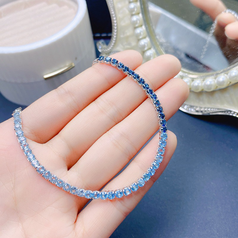 Natural Topaz Bracelet 3*3mm Gradient Women's Bracelet S925 Sterling Silver Blue Topaz Women's Bracelet