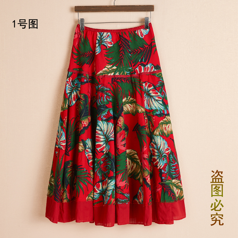 Váy cotton và vải lanh du lịch gió quốc gia in váy lớn cho nữ mùa xuân và kỳ nghỉ hè - Váy chân váy kẻ caro dài
