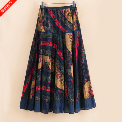 Cotton and linen skirt, half skirt, Spring/Summer 2025 new long skirt, mid-length skirt, linen printed skirt, women's big swing, retro skirt