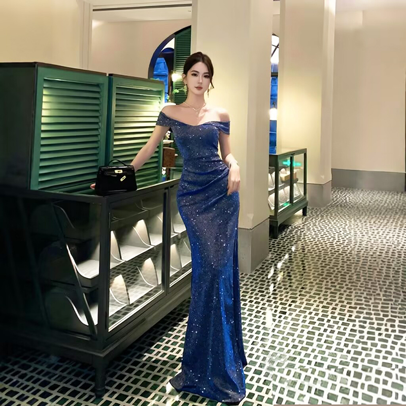 One-Shoulder Blue Evening Dress for Coming-Of-Age Ceremony, Host Birthday Party, Elegant Art Exam Performance, Slit Fishtail Dress One-Shoulder Blue Evening Dress for Coming-Of-Age Ceremony, Host Birthday Party, Elegant Art Exam Performance, Slit Fishtail Dress