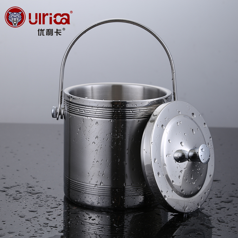 Double layer stainless steel ice bucket insulated with lid ice pellet bucket size red wine barrel bar ice portable ice cube bucket