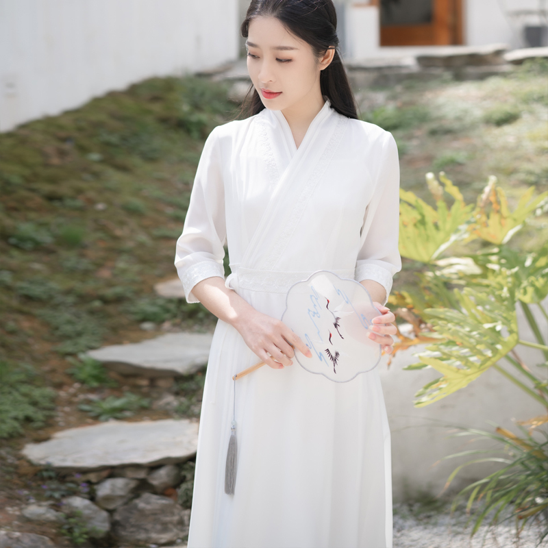 Chinese-Style Dress, Modernized Hanfu, Cross-Collar Fairy Ancient Style Tea Dress, Women's Zen-Inspired Slim-Fitting Waist-Cinching White Dress for Summer