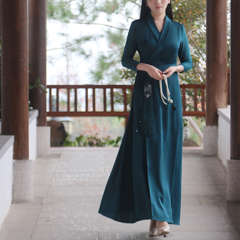 High-End Chinese-Style Women's Clothing, Zen Tea Dress with Han Elements, Acetate Satin Fairy Dress, Slimming Improved Hanfu Dress for Spring and Summer