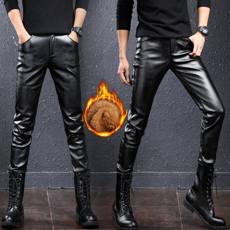 Men's pants plus the autumn and winter trend of Korean pants men's pants pants tight little foot locomotive leather pants mens mens mens