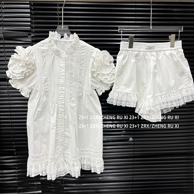 Fu Xinbo Women's Pleated Design Shirt Set, Niche Design with Puff Sleeves Shirt + Shorts 15964