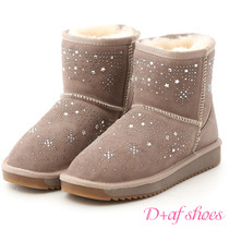 D AF FrozenSnowflake rhinestone leather short tube snow boots＊Apricot