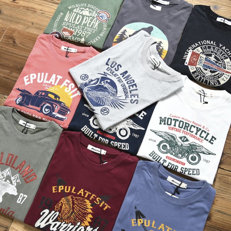 American Amei click the trendy digital printed washed all-cotton mill wool men's round neck long sleeve T-shirt to beat the bottom