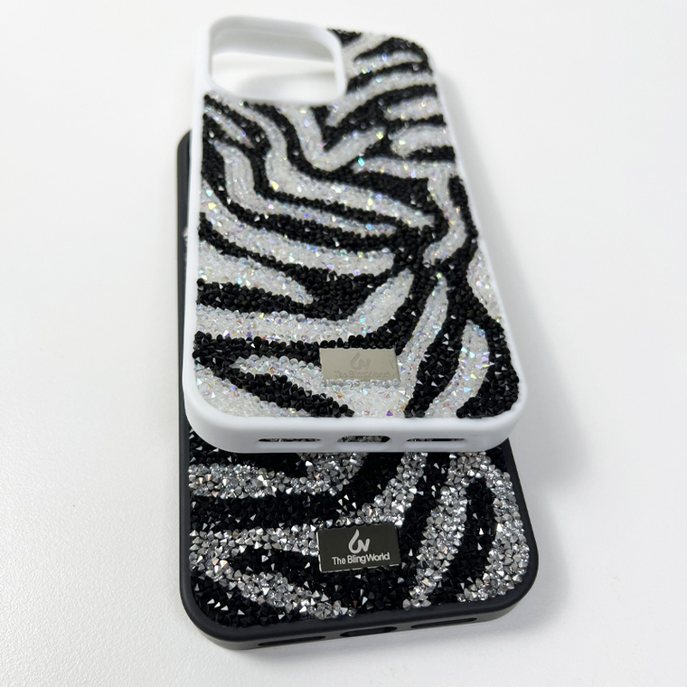Girls Zebra Stripes Shiny Rhinestone Diamond Bling – Luxury 15, 14, 13, 12 iPhone Case