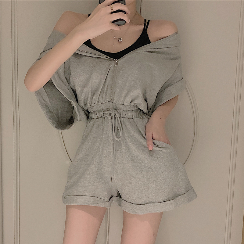 VK旗艦店 韓系連帽寬鬆抽繩連身褲套裝短袖褲裝