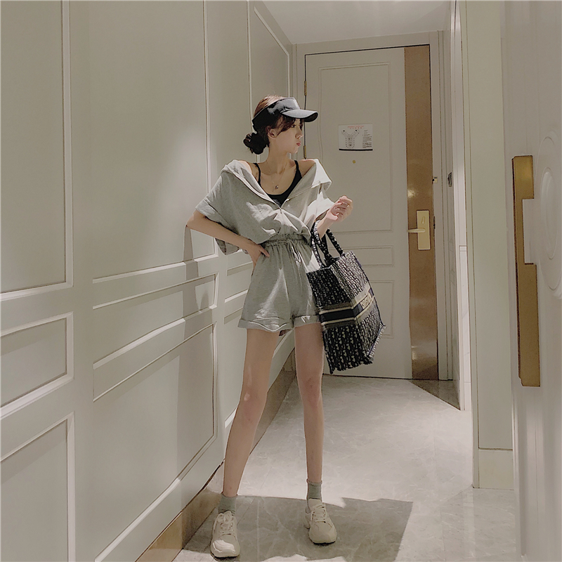 VK旗艦店 韓系連帽寬鬆抽繩連身褲套裝短袖褲裝
