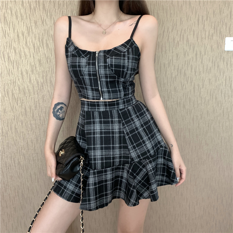 VK旗艦店 韓系復古格紋高腰顯瘦套裝無袖褲裝