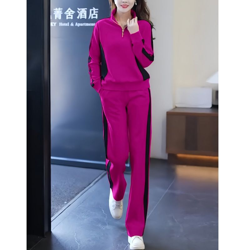 Rose Red Sportswear Casual Suit for Women 2025 Spring and Autumn Color-Blocked Stand-Up Collar Pullover Sweatshirt Wide-Leg Pants Two-Piece Set