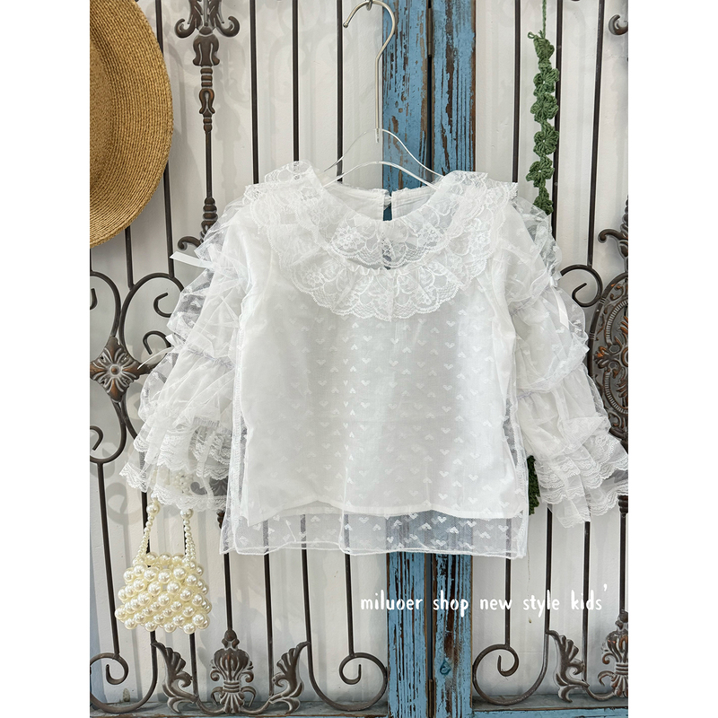 Girls' Lolita Inner Wear Spring and Autumn Long-Sleeved Shirt Solid Color Lace Trim Chiffon White Korean Style Lace Top