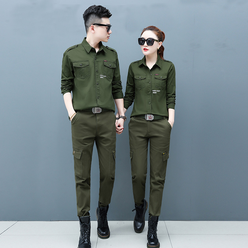 Spring Autumn Uniform Two Sets of Flap Long Sleeves Jacket Shirts Long Pants Black Casual Couple Army Green Suit Men and Women