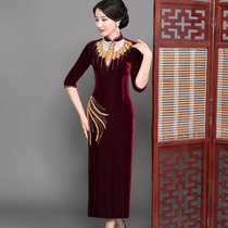 Happy Mother-in-law Wedding Banquet Dress Qipao Middle-aged Women Gold Velvet Dress Wedding Mom Gown Wedding Dresses Spring Autumn Wedding Gold Velvet