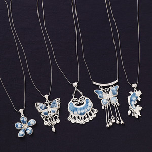 Ethnic Style Handmade Blue-Dyed Miao Silver Necklace, Vintage Artistic Batik Tie-Dye Butterfly Pendant, New Chinese Style Sweater Chain for Women
